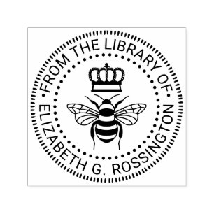 Carimbo Auto Entintado Rainha Abelha Com Coroa “Da biblioteca de” #3 Nome