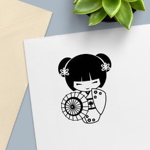 Carimbo Auto Entintado Rapariga de Guarda-chuvas Asiática em Kimono me co