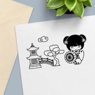 Carimbo Auto Entintado Rapariga de Guarda-chuvas Asiática em Kimono Scrib