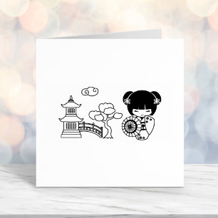 Carimbo Auto Entintado Rapariga de Guarda-chuvas Asiática em Kimono Scrib