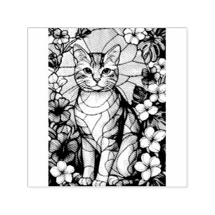 Carimbo Auto Entintado Retrato Felino Artístico em Meio a Flores Tropicai