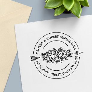 Carimbo Auto Entintado Rosa de Seta Tribal Flores Casal Endereço Redondo