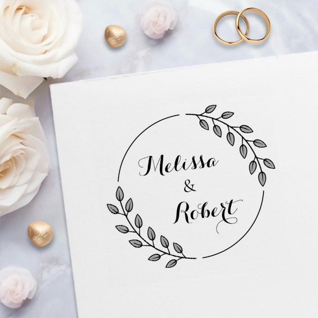 Carimbo Auto Entintado Round Leaves Wreath Custom Names (Criador carregado)