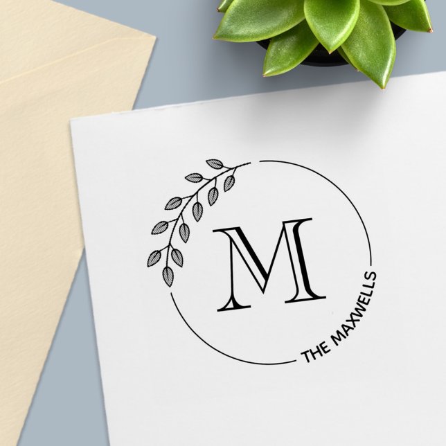 Carimbo Auto Entintado Round Leaves Wreath Monogram Initial Family Name (Criador carregado)