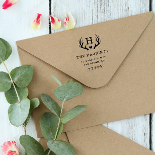 Carimbo Auto Entintado Rustic Antlers Monograma Family Name Endereço de d