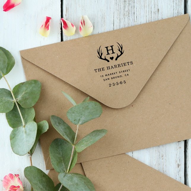 Carimbo Auto Entintado Rustic Antlers Monograma Family Name Endereço de d (Criador carregado)