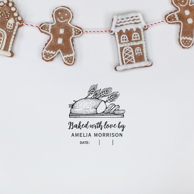 Carimbo Auto Entintado Rustic Bread Loaf Feita com Amor Nome Personalizad (Criador carregado)