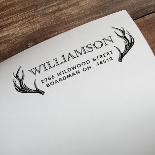 Carimbo Auto Entintado Rustic Deer Antlers Family Name & Return Address