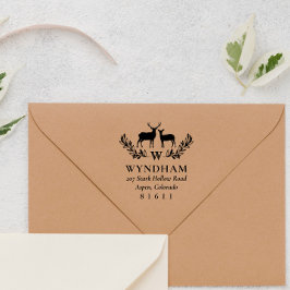 Carimbo Auto Entintado Rustic Deer Wreath Monograma Endereço