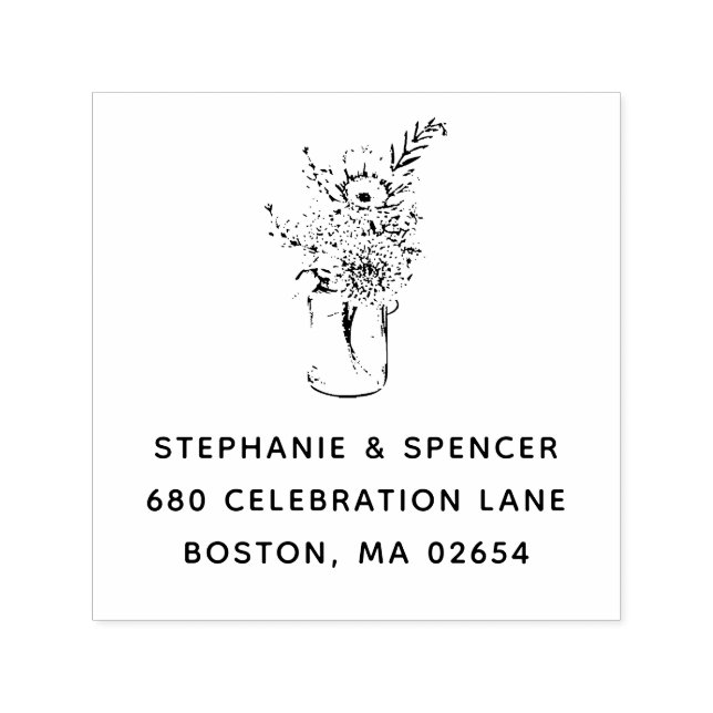 Carimbo Auto Entintado Rustic Modern Wildflower Mason Jar Endereço Casame (Design)