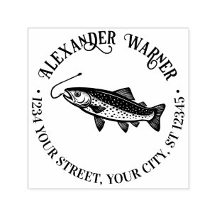 Carimbo Auto Entintado Rustic Trout, Fish Hook Name Endereço de devolução