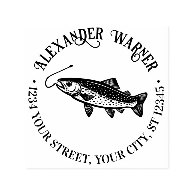 Carimbo Auto Entintado Rustic Trout, Fish Hook Name Endereço de devolução (Design)