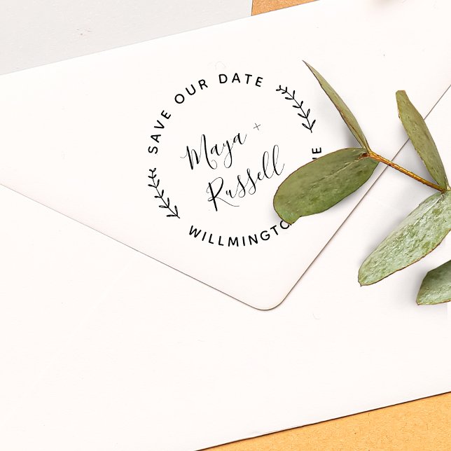 Carimbo Auto Entintado Salvar Data com Vegetação Moderna (Modern Greenery Save The Date Self-inking Stamp)