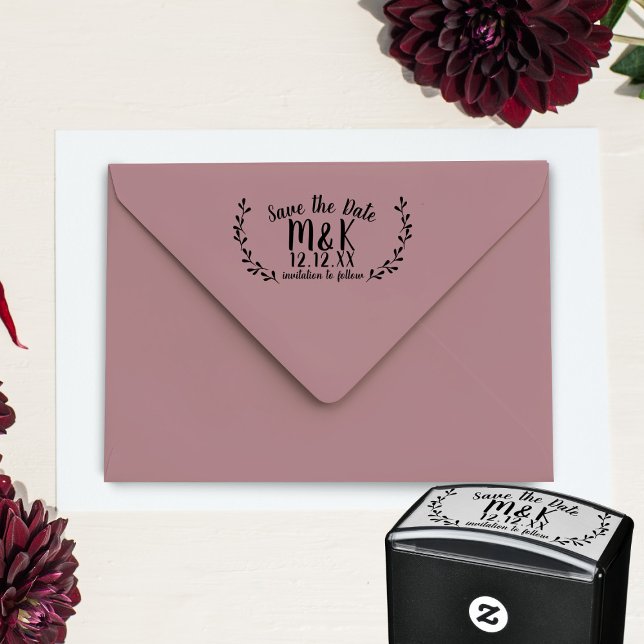 Carimbo Auto Entintado Salve a Data Wedding Laurel Wreath (Add your initials and wedding date to this casual Save the Date self inking stamp & get stamp happy)