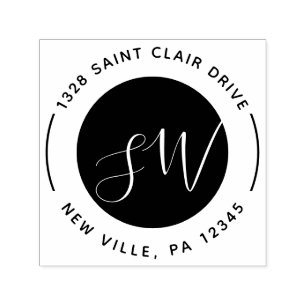 Carimbo Auto Entintado Script de Monograma Redondo Branco Preto Moderno