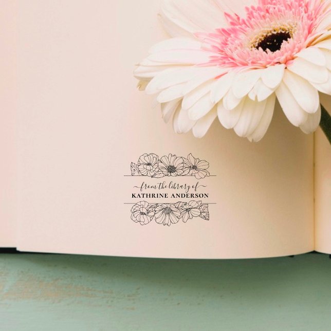 Carimbo Auto Entintado Script Elegante do Livro de Biblioteca de Flores d (Criador carregado)