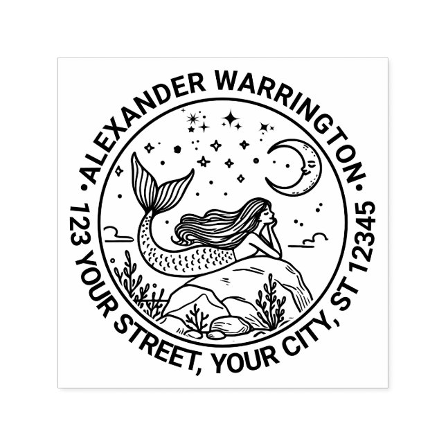 Carimbo Auto Entintado Sereia Deitada em Rochas Lua Nome Endereço de Reto (Design)