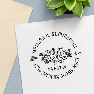 Carimbo Auto Entintado Seta Floral Tribal, Rosa Flores, Endereço Redondo 