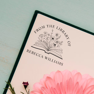 Carimbo Auto Entintado Seu Nome Livro Aberto & Flores Da Biblioteca de