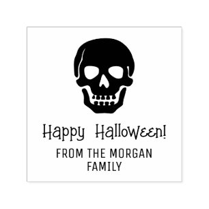 Carimbo Auto Entintado Silhueta de Caveira Gótica Feliz Halloween Nome