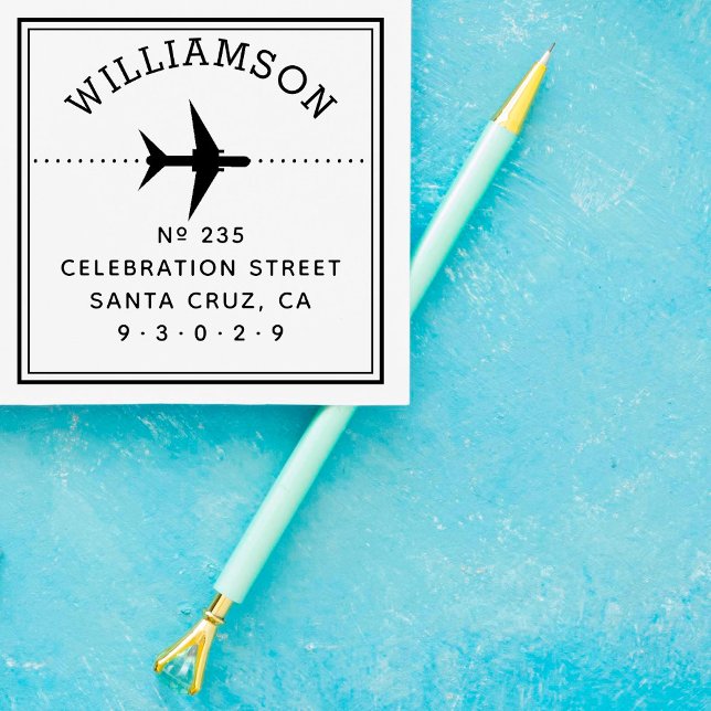 Carimbo Auto Entintado Silhuette do avião | Nome da família e endereço de (Criador carregado)