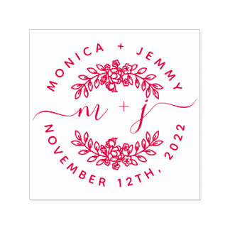 Carimbo Auto Entintado Simple Custom Leaves Initials Script Round Wedding