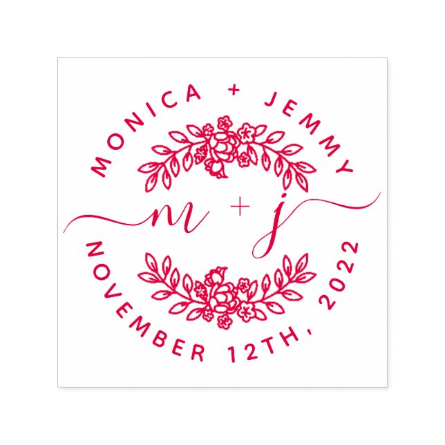 Carimbo Auto Entintado Simple Custom Leaves Initials Script Round Wedding (Design)