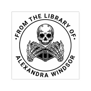 Carimbo Auto Entintado Skeleton Lendo um Livro nº 2 Nome do Livro da Bibl
