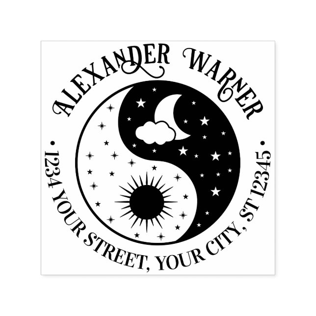 Carimbo Auto Entintado Sol Crescente Lua Estrelas Yin Yang Nome Endereço  (Design)