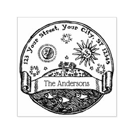 Carimbo Auto Entintado Sol Lua Estrelas Oceano Terra Nome Endereço Vintag