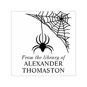 Carimbo Auto Entintado Teia de aranha com nome do livro da biblioteca pen
