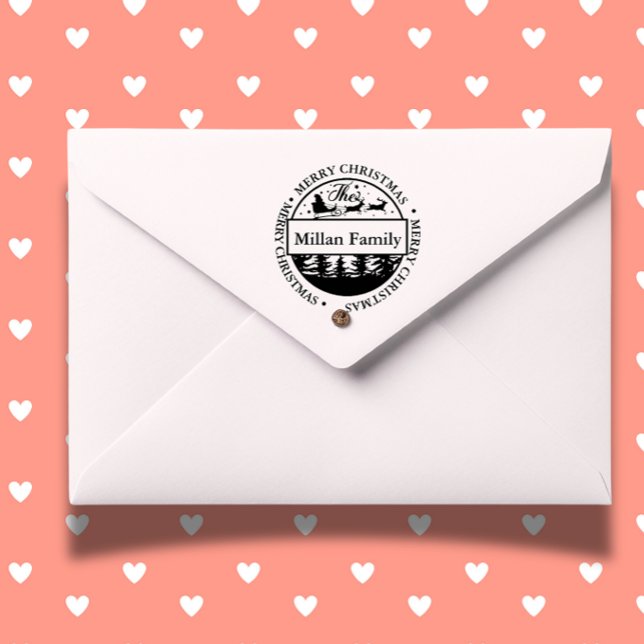 Carimbo Auto Entintado Tema de Papais noeis de Feliz Natal da Família (Celebrate the holidays with a Family Merry Christmas Santa theme self-inking stamp  )