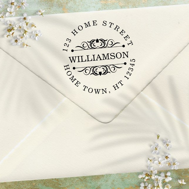 Carimbo Auto Entintado Tradicional Circular Flourish Return Address (Traditional Circular Flourish Return Address Self-inking Stamp)