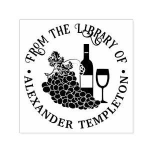 Carimbo Auto Entintado Vinho Rústico, Copos, Cachos de Uvas Livro da Bibl