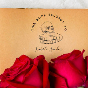 Carimbo Auto Entintado Vintage Script Gothic Skull Book Da Biblioteca