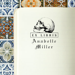Carimbo Auto Entintado Vintage Script Gótico Skull Elegante Ex Libris Boo