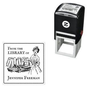 Carimbo Auto Entintado Vintage, Senhora Vitoriana com Livros Ex Libris