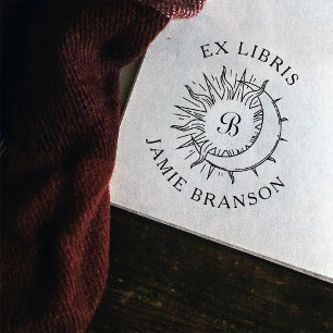 Carimbo Auto Entintado Vintage Sun & Moon Primeiro Round Ex Libris Livro