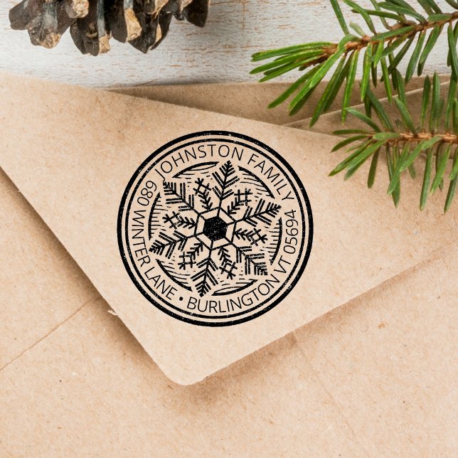 Carimbo Auto Entintado Vintage Winter Snowflake Circle Address (Vintage Winter Snowflake Circle Address Self-inking Stamp)