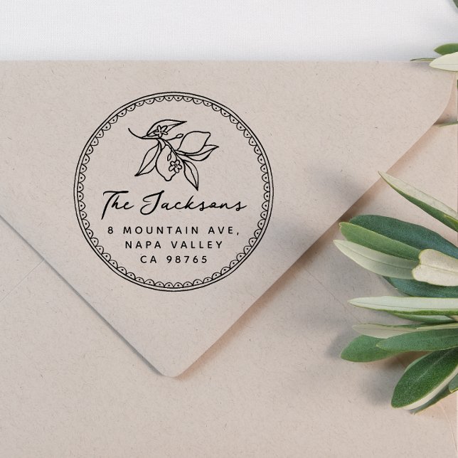Carimbo Auto Entintado Whimsical Drawn Lemon Name & Return Address (Return Address Stamp Mock-up)