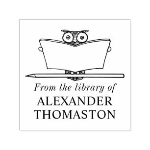 Carimbo Auto Entintado Whimsical Owl Lendo Grande Nome da Biblioteca de L