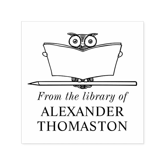 Carimbo Auto Entintado Whimsical Owl Lendo Grande Nome da Biblioteca de L (Design)