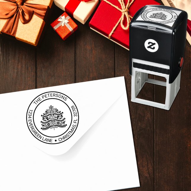 Carimbo Auto Entintado White on Red Scandinavian Christmas Tree Address (Criador carregado)