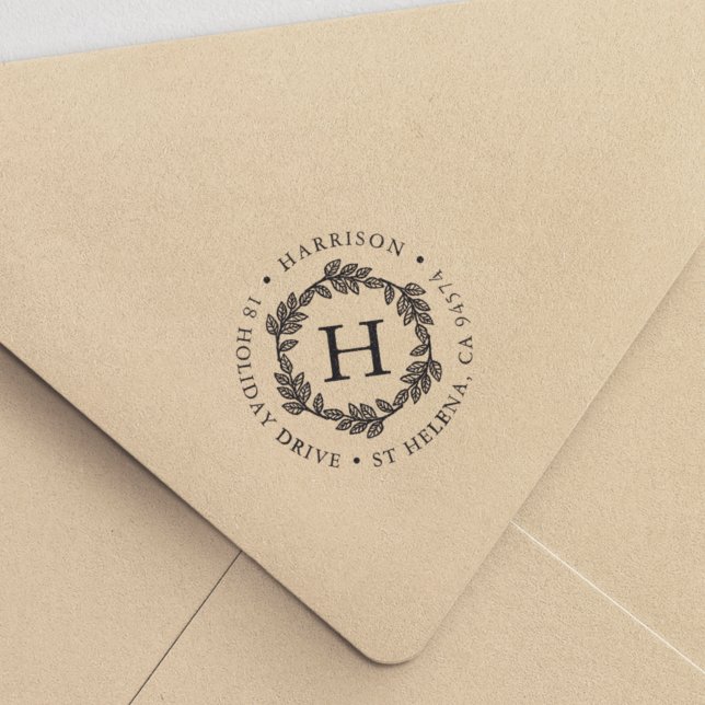 Carimbo Auto Entintado Wreath Monograma Round Endereço de devolução (Criador carregado)