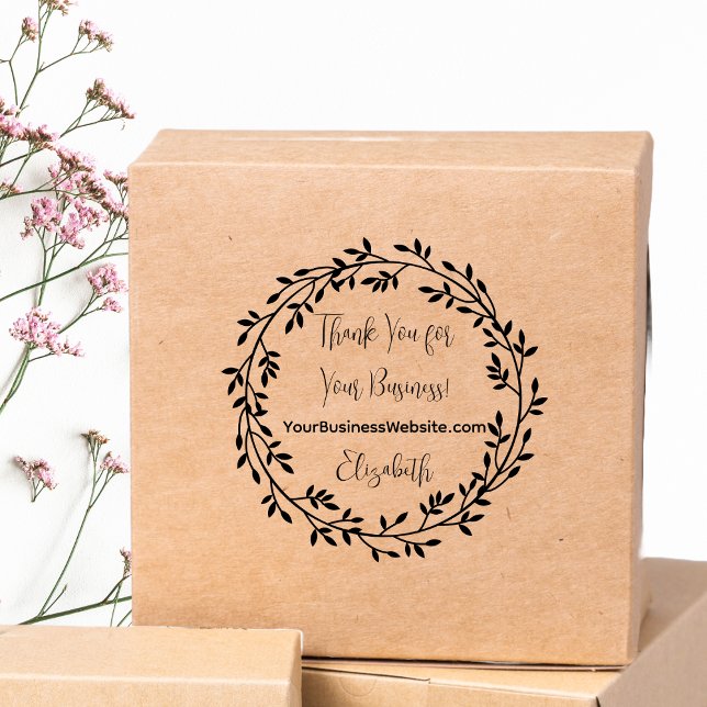 Carimbo Auto Entintado Wreath Obrigado Pelo Nome Do Site Da Sua Empresa (Leafy Wreath "Thank You For Your Business" Website and Name Self-Inking Stamp )