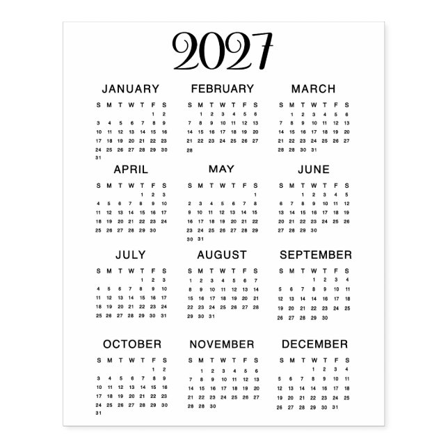 Carimbo De Borracha 2027 Calendar #1 Four Rows, Three Columns (Impressão)