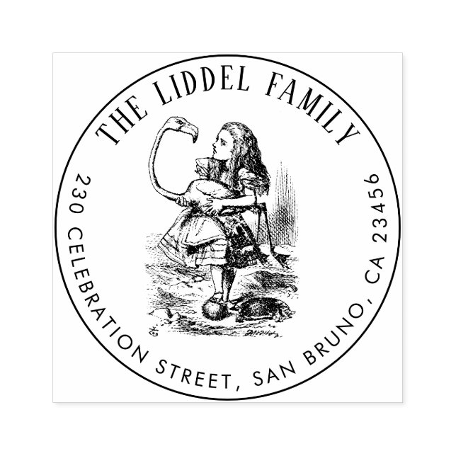 Carimbo De Borracha Alice In Wonderland Flamingo Round Endereço De Dev (Impressão)