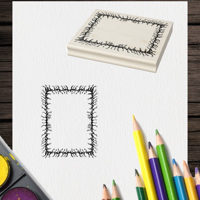 Carimbo De Borracha Armação Assustadora de Galhos Farpados para Artesa (Frame made of spooky barbed black branches on Halloween craft rubber stamp.)