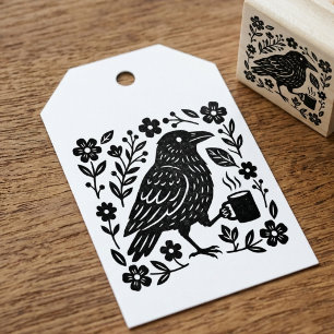 Carimbo De Borracha Arte Folclórica Corvo Café Floral Botânico