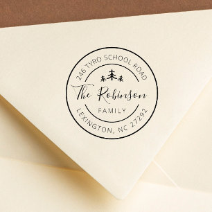 Carimbo De Borracha Árvore de pinos redondos de endereço da família pe
